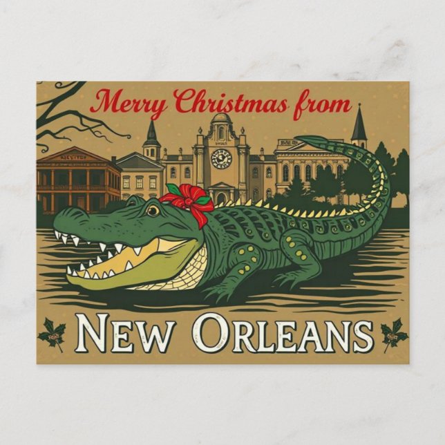 Cartes Pour Fêtes Annuelles Merry Christmas New Orleans Alligator (Devant)