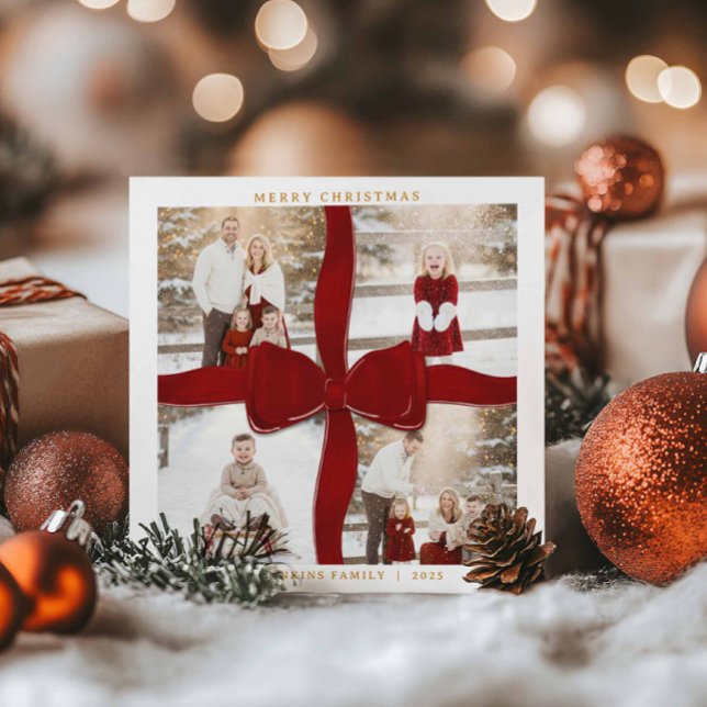 Cartes Pour Fêtes Annuelles Merry Christmas Red Bow 4 Photo Holiday Card (Classic Red Bow Merry Christmas 4 Photo Card)