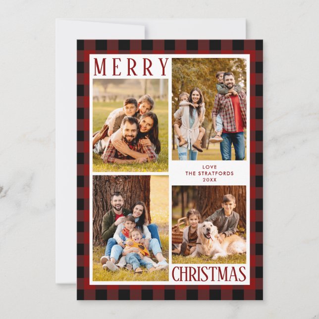 Cartes Pour Fêtes Annuelles MERRY CHRISTMAS Red Buffalo Plaid 4 Photo Collage (Devant)