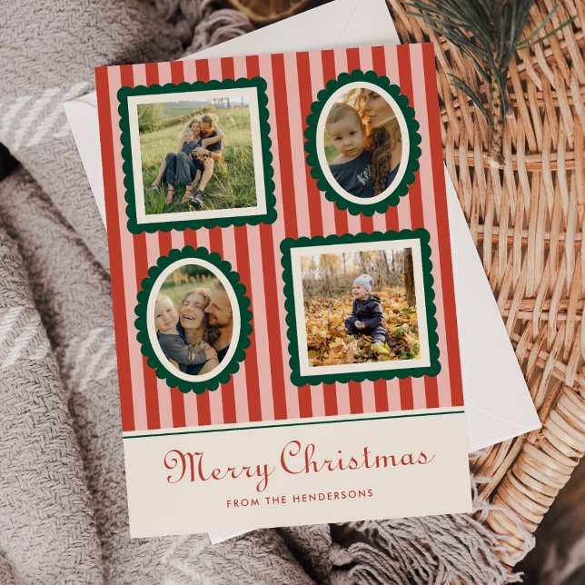Cartes Pour Fêtes Annuelles Merry Christmas Retro Striped 4 Photo  (Créateur téléchargé)