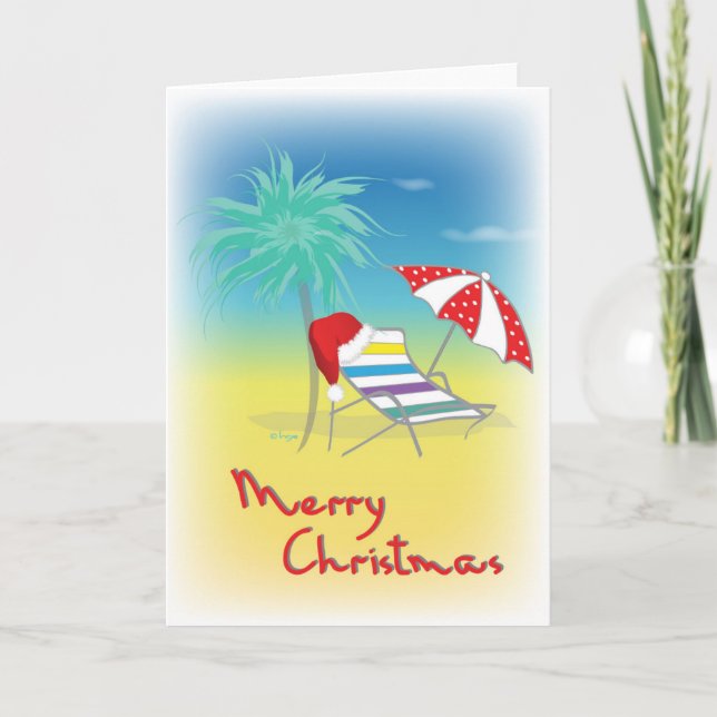 Cartes Pour Fêtes Annuelles Merry Christmas, Santa Hat, Palm Tree Beach (Devant)