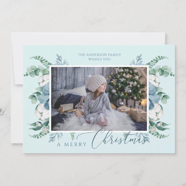 Cartes Pour Fêtes Annuelles Merry Christmas Watercolor Greenery Custom Photo (Devant)