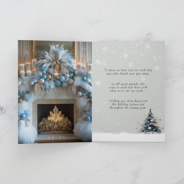 Cartes Pour Fêtes Annuelles Merry Christmas White Fireplace Blue Ornaments (Intérieur)