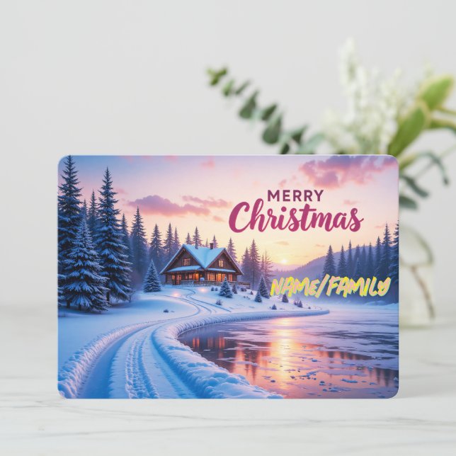 Cartes Pour Fêtes Annuelles Merry Christmas Winter Cabin Sunset (Debout devant)