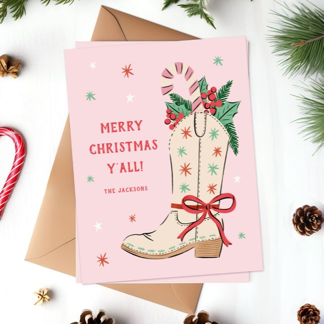 Cartes Pour Fêtes Annuelles Merry Christmas Y'all Country Cowboy Boot  ("merry Christmas y'all" country-themed holiday card with hand-drawn cowboy boot)