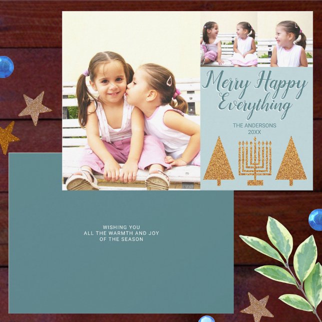 Cartes Pour Fêtes Annuelles Merry Gold Blue Modern 3 Photo Collage (Créateur téléchargé)