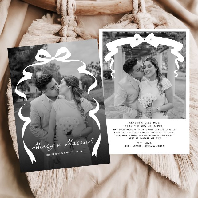 Cartes Pour Fêtes Annuelles Merry & Married Bow Photo Noël Nouveaux mariés (Créateur téléchargé)