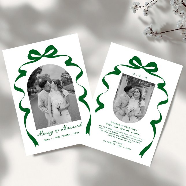 Cartes Pour Fêtes Annuelles Merry & Married Bow Photo Noël Nouveaux mariés (Créateur téléchargé)