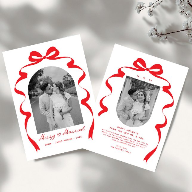 Cartes Pour Fêtes Annuelles Merry & Married Bow Photo Noël Nouveaux mariés (Créateur téléchargé)