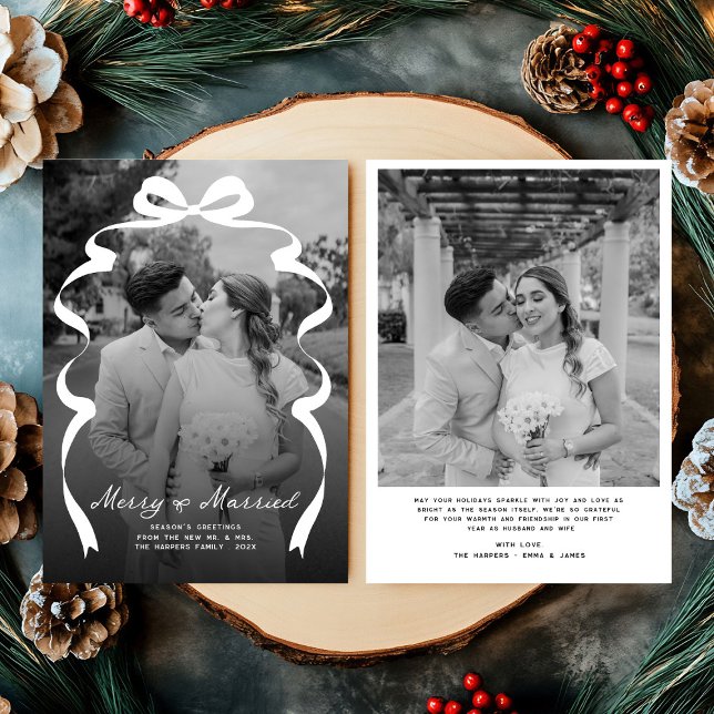 Cartes Pour Fêtes Annuelles Merry & Married Bow Photo Noël Nouveaux mariés (Créateur téléchargé)