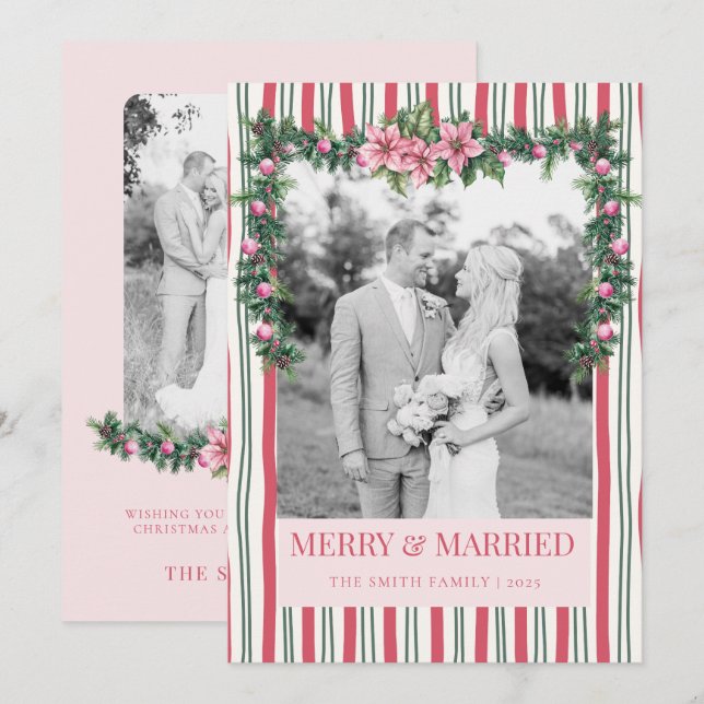 Cartes Pour Fêtes Annuelles Merry & Married Christmas Garland Striped Photo (Devant / Derrière)