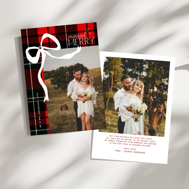 Cartes Pour Fêtes Annuelles Merry & Married Script Photo Christmas Tartan Bow  (Créateur téléchargé)