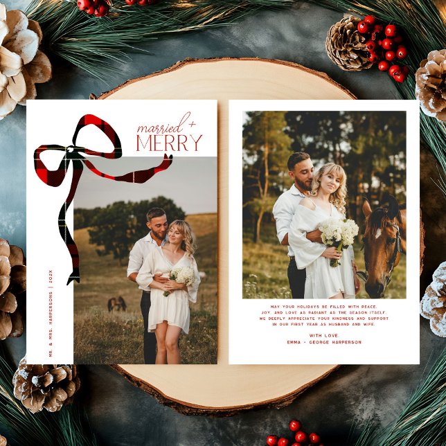 Cartes Pour Fêtes Annuelles Merry & Married Script Photo Christmas Tartan Bow  (Créateur téléchargé)