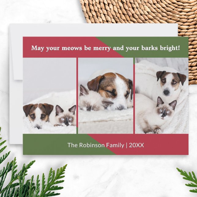 Cartes Pour Fêtes Annuelles Merry Meows Funny Chien Chat Photo Noël (A funny Christmas card with a dogs and cats themed quote, to personalize with 3 of your own photos)
