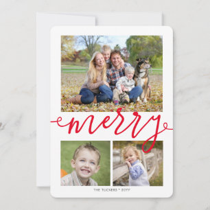 Cartes Pour Fêtes Annuelles MERRY Script 3 photos Snowflakes Red Christmas
