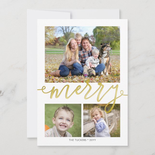 Cartes Pour Fêtes Annuelles MERRY Script 3 photos Snowflakes sur Gold Christma (Devant)