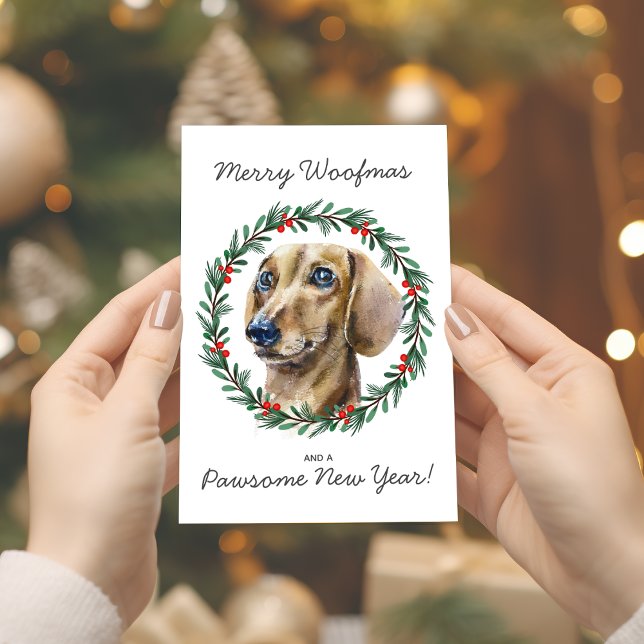 Cartes Pour Fêtes Annuelles Merry Woofmas Aquarelle Dachshund Wreath (Edit any of the text on cardfront, also verse and 'from' text inside.)