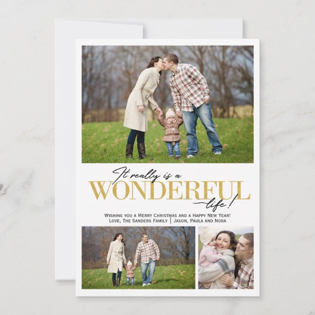 Cartes Pour Fêtes Annuelles Merveilleuse Vie 3 PH lettres d'or | (Devant)