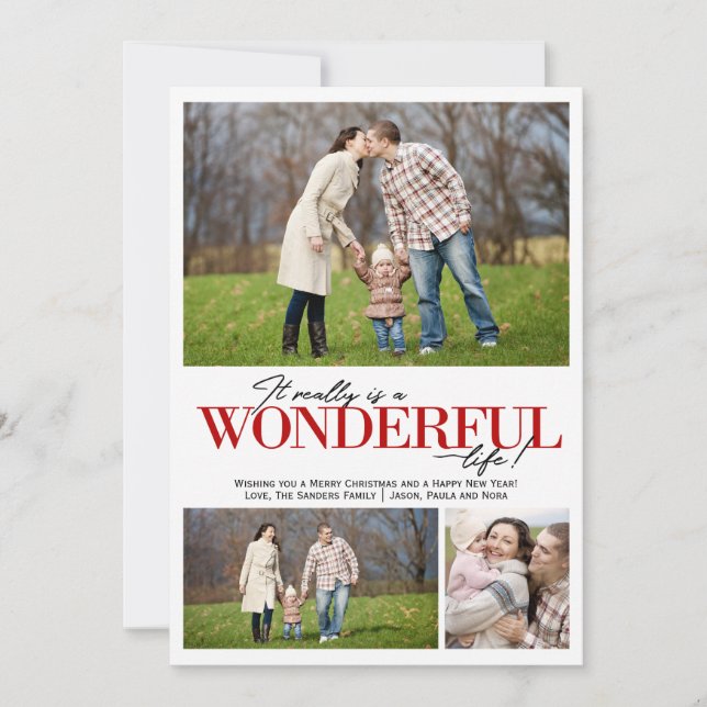 Cartes Pour Fêtes Annuelles Merveilleuse Vie 3 PH Lettres rouges | (Devant)