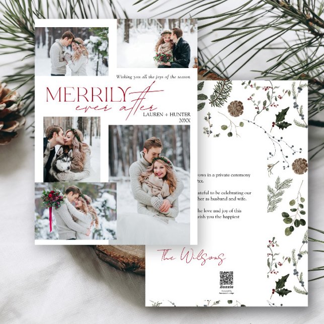 Cartes Pour Fêtes Annuelles Merveilleusement Jamais Après 5 Photo Nouveauté (Easily add your photos and deets to personalize this beautiful holiday wedding announcement)