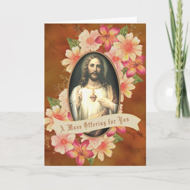Cartes Pour Fêtes Annuelles Messe catholique offrant Floral Sacré Coeur Jésus (Devant)