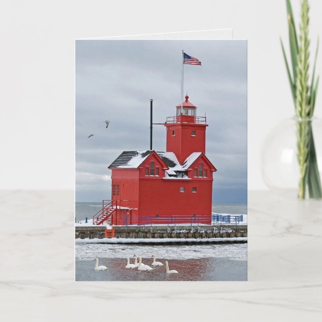 Cartes Pour Fêtes Annuelles Michigan Big Red Lighthouse avec cygnes (Devant)