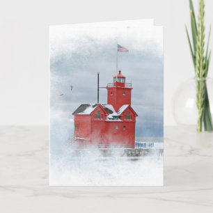 Cartes Pour Fêtes Annuelles Michigan Big Red Lighthouse En Hiver