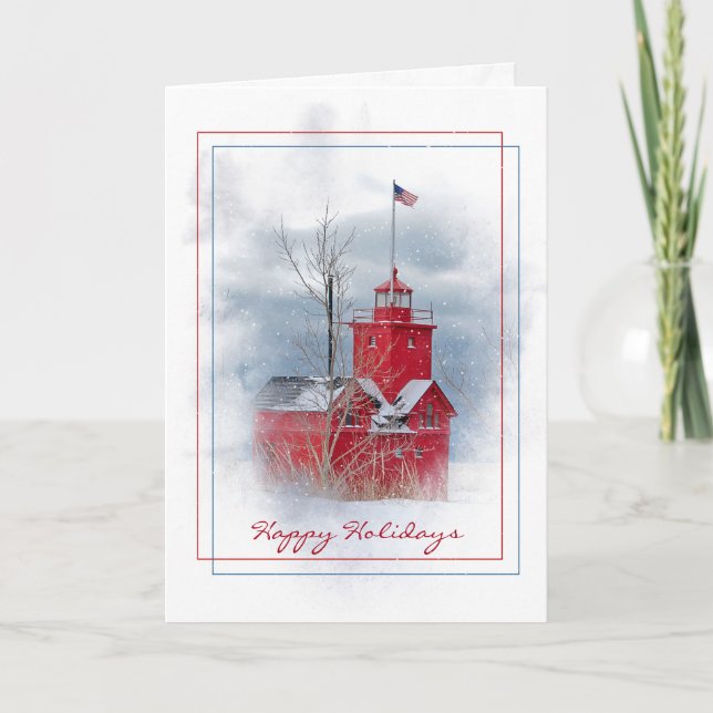 Cartes Pour Fêtes Annuelles Michigan Red Lighthouse In Snow Holiday Card (Devant)