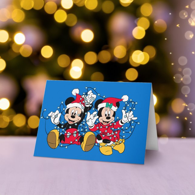 Cartes Pour Fêtes Annuelles Mickey & Minnie |Lumières de Noël (Card on table)
