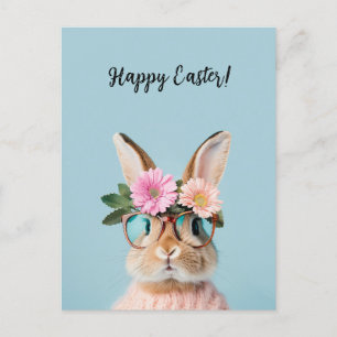 Cartes Pour Fêtes Annuelles mignon et beau lapin avec fleurs et lunettes