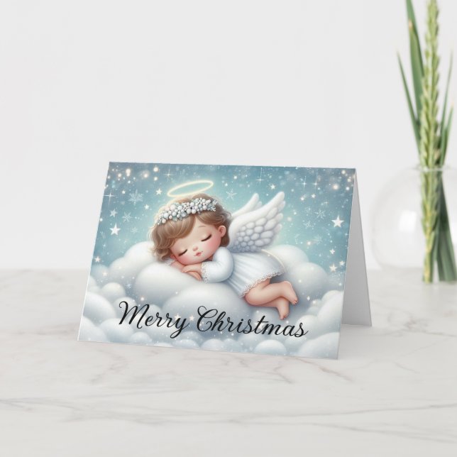 Cartes Pour Fêtes Annuelles Mignonne Angel dormant sur un nuage fluide (Devant)