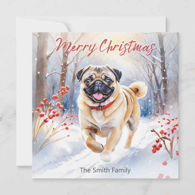 Cartes Pour Fêtes Annuelles Mignonne Chien Carlin Dans L'Aquarelle De Neige Jo (Devant)