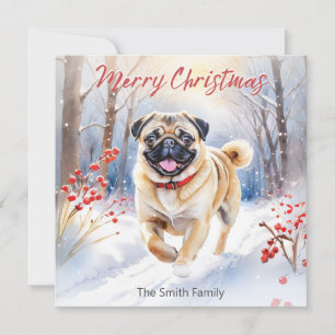 Cartes Pour Fêtes Annuelles Mignonne Chien Carlin Dans L'Aquarelle De Neige Jo