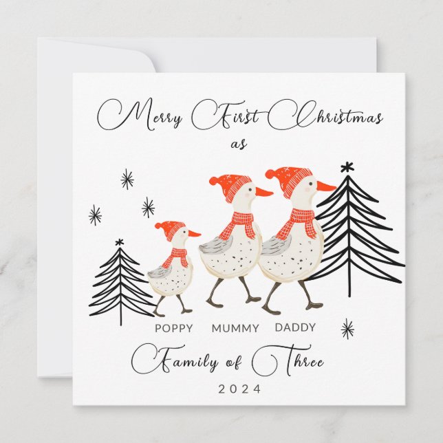 Cartes Pour Fêtes Annuelles Mignonne famille des oies trois premiers Noël (Devant)