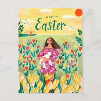 Cartes Pour Fêtes Annuelles Mignonne femme de printemps en champ de tulipe Pâq