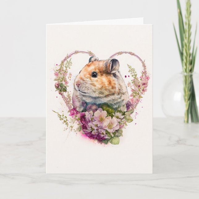 Cartes Pour Fêtes Annuelles Mignonne hamster aux fleurs roses Saint-Valentin (Devant)