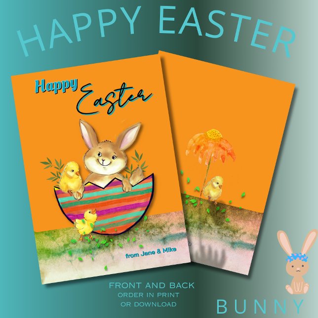 Cartes Pour Fêtes Annuelles Mignonne lapin de Pâques avec poussins Orange (Cute Easter Bunny with chicks Orange Holiday Card)