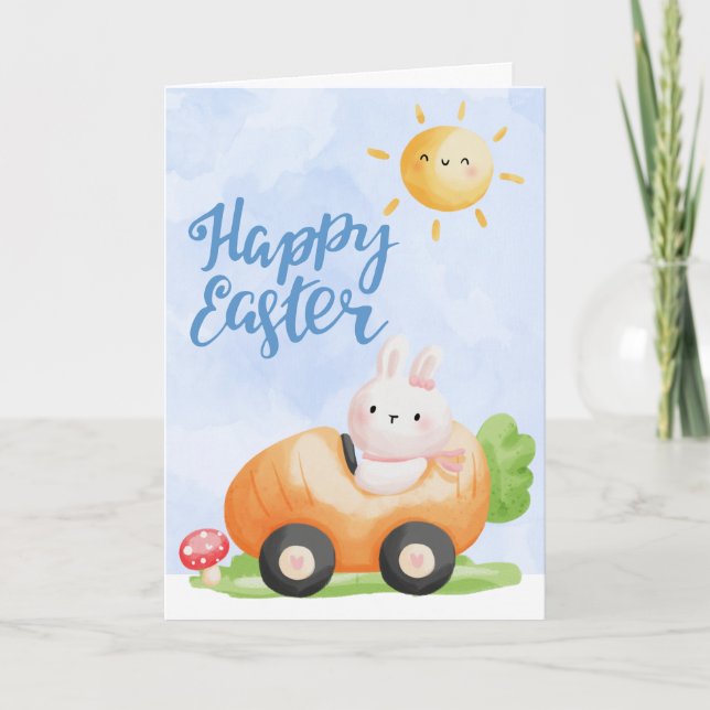 Cartes Pour Fêtes Annuelles Mignonne lapin de Pâques en voiture Carrot (Devant)
