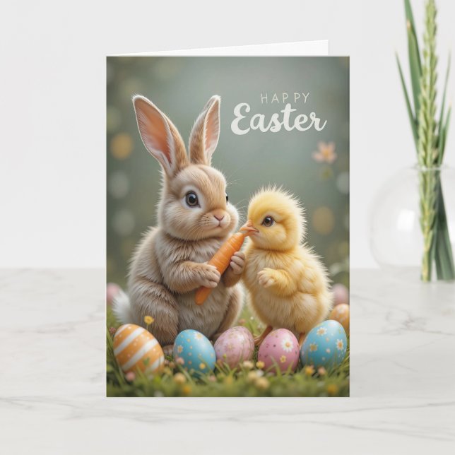 Cartes Pour Fêtes Annuelles Mignonne lapin de Pâques et poussin (Devant)