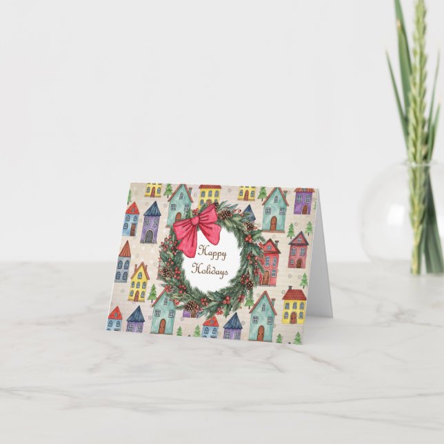 Cartes Pour Fêtes Annuelles Mignonne Little House Whimsical Folk Art Noël (Devant)