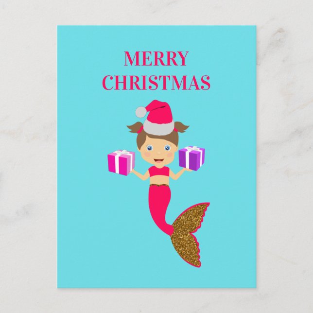Cartes Pour Fêtes Annuelles Mignonne Noël Sirène fille Santa Chapeau en mer (Devant)