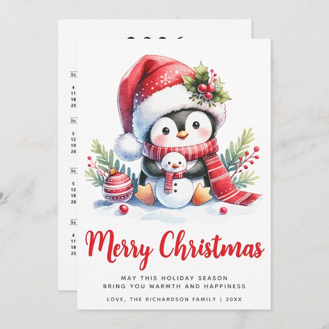 Cartes Pour Fêtes Annuelles Mignonne Penguin Blanc et Rouge Joyeux Noël (Devant / Derrière)