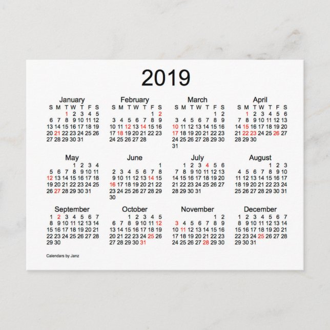 Cartes Pour Fêtes Annuelles Mini calendrier 2019 avec jours fériés (Devant)