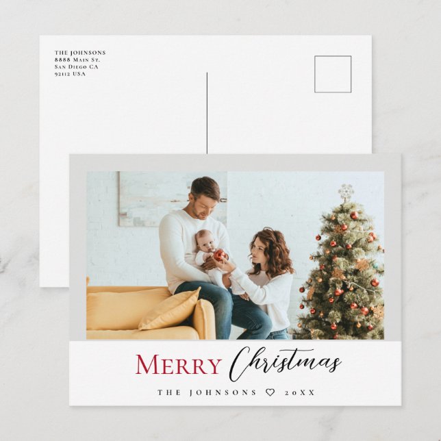Cartes Pour Fêtes Annuelles Mini-moderne Rouge Joyeux Noël Script photo (Devant / Derrière)
