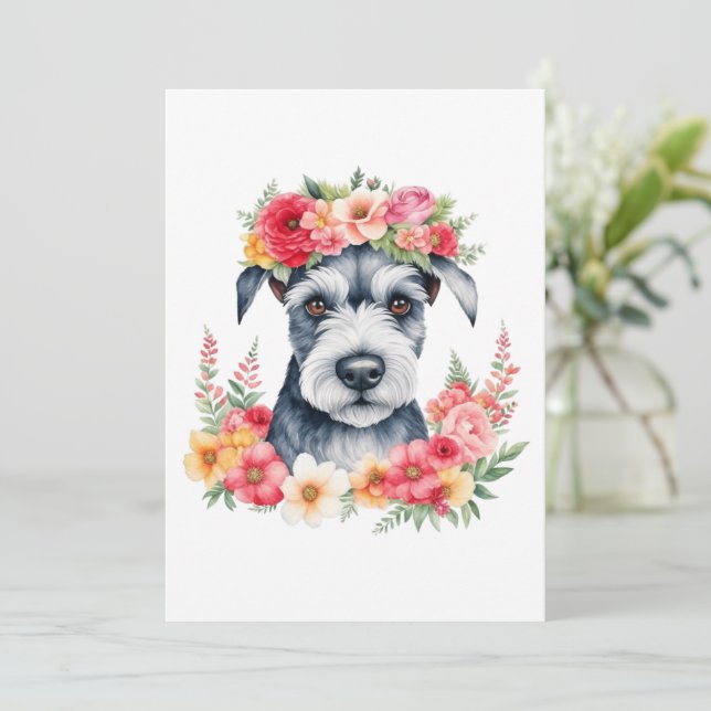 Cartes Pour Fêtes Annuelles Mini Schnauzer rose Fleurs Couronne rouge jaune bl (Debout devant)