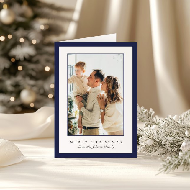 Cartes Pour Fêtes Annuelles Minimal Blue Border Photo Elegant Christmas (Créateur téléchargé)