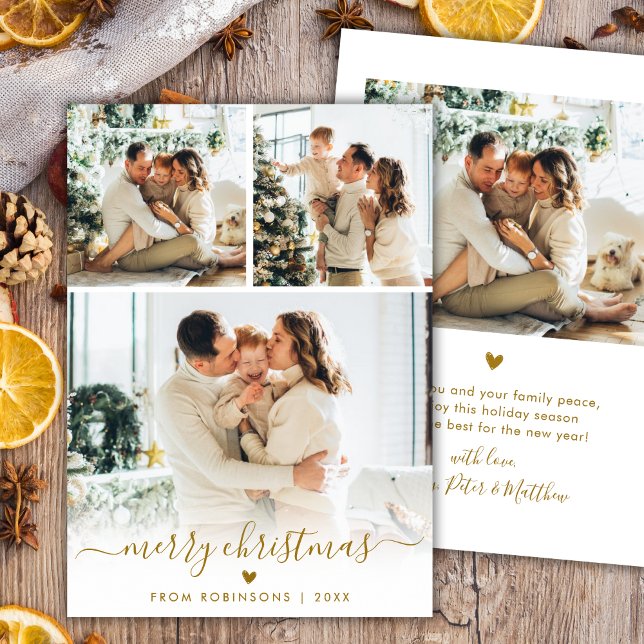 Cartes Pour Fêtes Annuelles Minimal Modern Gold Script 4 Photo Merry Christmas (Créateur téléchargé)
