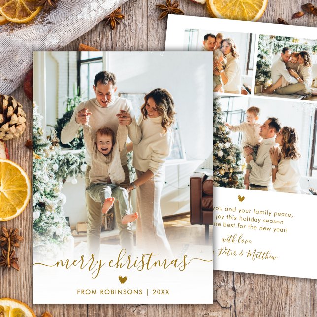 Cartes Pour Fêtes Annuelles Minimal Modern Gold Script 4 Photo Merry Christmas (Créateur téléchargé)