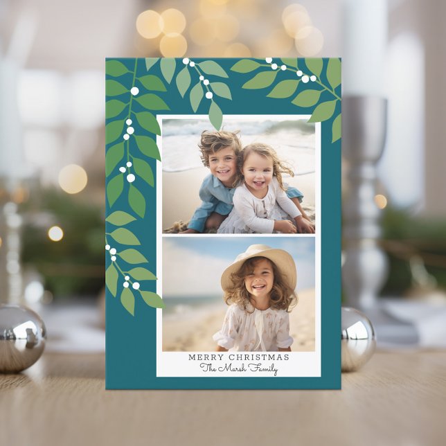 Cartes Pour Fêtes Annuelles Minimal moderne 2 photo - botanique turquoise vert (A festive botanical holiday card with 2 photos)