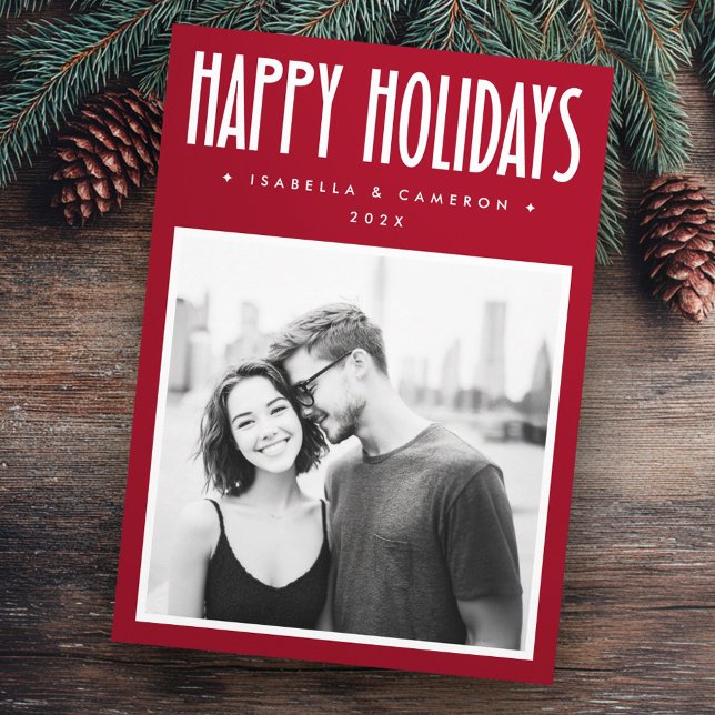 Cartes Pour Fêtes Annuelles Minimalist Happy Holidays red Christmas photo (Minimalist Happy Holidays red Christmas photo Holiday Card)